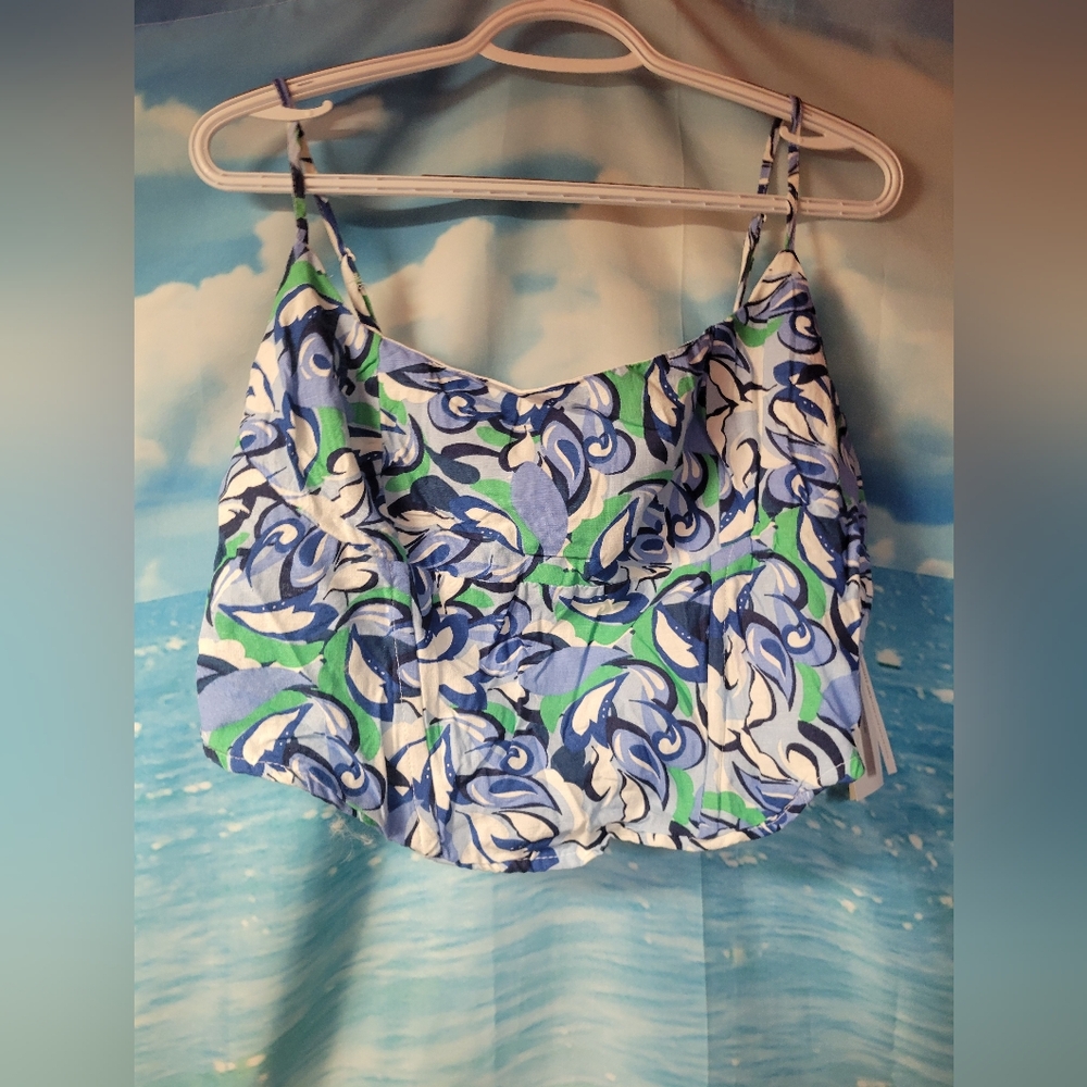 Midnight Sky NWT Linen Blend Floral Blue and Green Crop Tank Top Size XL